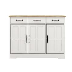 a white cabinet with three doors and two drawers on the bottom, in front of a white background