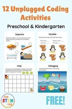 Unplugged coding activities are a great way to get kids off of their screens and exploring the world around them. These printable worksheets can be taken with you anywhere so your child doesn't miss out on any learning opportunities! Elementary Technology Lessons, Computer Activities For Kids, Coding Ideas, Coding Learning, Coding Challenges