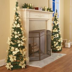 a fireplace decorated for christmas with gold poinsettis