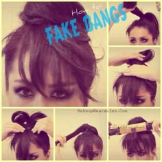 An artfully splayed ponytail will give you temporary fake bangs. Tutorial Chignon, Five Minute Hairstyles, Fake Bangs, Bangs Tutorial, 5 Minute Hairstyles, Hair Bun Tutorial, Easy Bun Hairstyles, Bun Tutorial