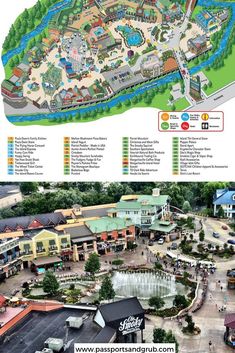 a map of an amusement park with lots of rides and water features in the area