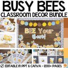 bee themed classroom decor bundle with text overlaying the image and below it's description