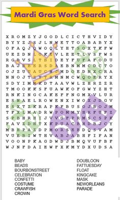 the word search for mardi gras is shown in purple and green with a crown on