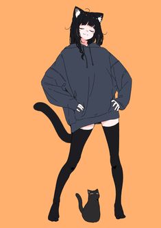 a woman standing next to a black cat on top of an orange background with her arms behind her back