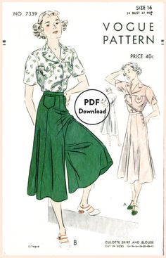 1930s vintage sewing pattern wide leg trousers or culotte skirt & blouse bust 34  Instant Download Patron Vintage, Vintage Dress Patterns, Rosie The Riveter, Vogue Pattern, 1930s Fashion, Vogue Patterns, Womens Sewing Patterns, Skirt And Blouse, Couture Vintage