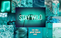 a collage of various images with the words stay wild written in neon green and blue