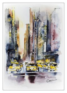 a watercolor painting of taxi cabs in new york city