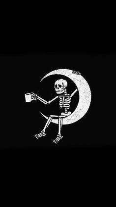 a skeleton sitting on the moon holding a cup