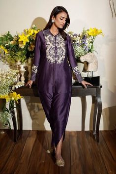 Deep purple collared kurta with floral hand embroidered yoke and cuffs. Paired with a tulip pant. - Aza Fashions Tulip Pants, Pant For Women, Purple Collar, Indian Couture, Womenswear Fashion, Kurta With Pants, Purple Silk, Indian Design, Luxury Outfits