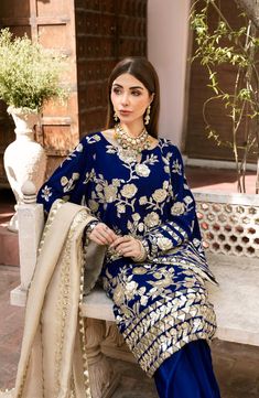 Embroidered Salwar Kameez in Royal Blue Shade by Designer – Nameera by Farooq Tissue Dupatta, Embroidered Salwar, Pakistani Formal Dresses, Asian Designers, Velvet Dress Designs, Pakistani Party Wear, Velvet Sleeve, Beautiful Pakistani Dresses, Pakistani Salwar Kameez