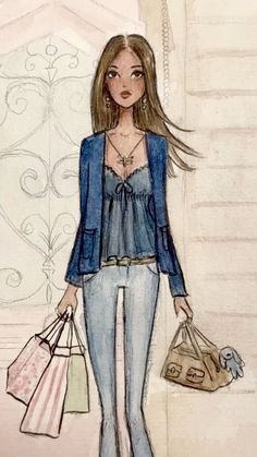 a drawing of a woman holding shopping bags and looking at the wall with her hand in her pocket