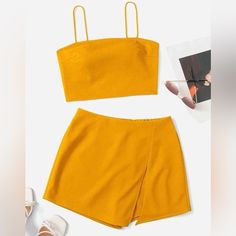 Brand New, Never Worn Yellow Stuff, Shein Pants, Co Ords, Cropped Cami, Cami Crop Top, Shoulder Crop Top, Cami Top, Two Piece Outfit, Cami Tops