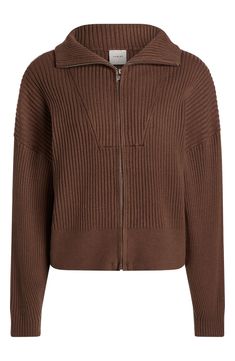 Varley Carmen Rib Knit Zip-Up Cardigan in Cocoa Shell at Nordstrom, Size X-Large