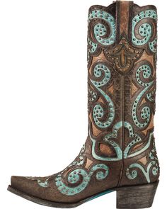 Western Turquoise Boots With Patina, Turquoise Western Boots With Patina, Turquoise Patina Boots With Round Toe, Turquoise Leather Boots For Western-themed Events, Statement Boots, Pure Country, Lane Boots, Filigree Design, Painted Shoes