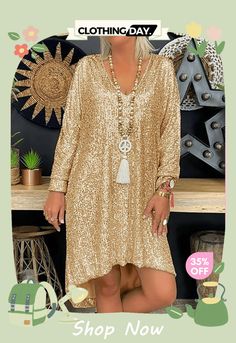 Dazzling Sequins Extra Loose Long Sleeve Trendy Dress for Women Long Sleeve Shift Midi Dress For Party, Shift Midi Dress With Long Sleeves For Party, Gold Long Sleeve Midi Dress For Spring, Spring Long Sleeve Gold Midi Dress, Gold Long Sleeve Summer Dress, Knee-length Shift Midi Dress For Party, Party Shift Midi Dress Knee-length, Casual Sequin Party Dress, Gold Long Sleeve Midi Dress For Summer