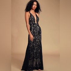 Lulus Practically Perfect Black & Nude Lace Mermaid Maxi Dress New With Tags Size: Xs Lined Self: 60% Cotton, 40% Nylon. Contrast & Lining: 100% Polyester Lulus Exclusive! We Are Head Over Heels For The Elegant Look Of The Lulus Practically Perfect Black And Nude Lace Mermaid Maxi Dress! Intricate Floral Lace, Atop A Nude Knit Liner, Shapes This Stunning Gown That Features A Princess-Seamed Bodice With A Sheer Mesh Cutout At The Bust, Creating An Illusion Plunging Neckline. Spaghetti Straps Carr Black Maxi Dress With Lace Back, Black Maxi Dress With Lace Back For Night Out, Pretty Midi Dresses, Stylish Black Dress, Lace Mermaid Dress, Mermaid Maxi Dress, Full Maxi Skirt, Dress Mermaid, Nude Dress