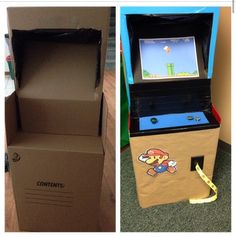 two different views of an arcade machine and a cardboard box