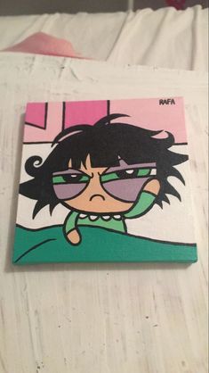 a painting of a girl with sunglasses on top of a bed