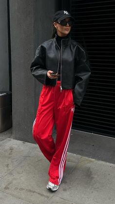 Classy Tracksuit Outfit, Athleisure Looks, Jog Pants Outfit, Red Track Jacket Outfit, Trackpant Outfit Street Style, Red Sneakers Outfit Women Street Style, Adidas Track Jacket Outfit Street Style, Red Track Pants Outfit, Red Joggers Outfit For Women