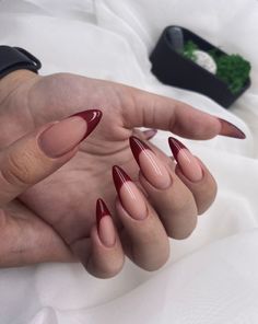 Blood Red French Tip Nails, Red Wine French Tip Nails, Wine French Tip Nails, Wine Red French Tip Nails, Classic Nails Elegant, Deep French Nails, Uni Nails, Red Tip Nails, Kutek Disney