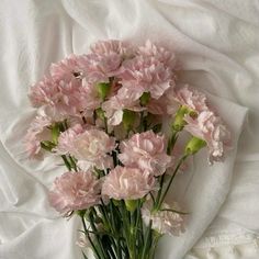 pink carnations in a vase on a white sheet