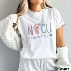 This NICU Nurse Shirt / Neonatal Intensive Care Unit Comfort Colors Shirt is perfect for work and fun! Such great colors and so comfy, it will be sure to be a favorite!  **UNISEX SIZING**  See more NICU designs here!   https://www.etsy.com/shop/SketchyCatDesigns?search_query=nicu ♥ W E L C O M E  T O  S K E T C H Y  C A T  D E S I G N S ! ♥ * This is a standard unisex garment-dyed 100% cotton shirt - Comfort Colors Tee with a relaxed fit. FOR AND OVERSIZED TEE, PLEASE SIZE UP!!  Please review th White Cotton Nursing T-shirt, White Cotton Nursing Shirt, White Short Sleeve Nursing Shirt, White Long Sleeve Nursing T-shirt, White Casual Nursing Shirt, White Relaxed Fit T-shirt For Nursing, White Relaxed Fit Nursing T-shirt, Casual White Nursing Tops, Nicu Nurse Gifts