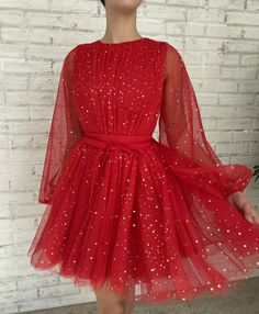 Starry Scarlet Mini Dress - Teuta Matoshi Red Tulle Fabric, Red Prom Dress Elegant, Women Evening Dresses, Prom Dress Elegant, Long Puffy Sleeves, Formal Women, Prom Dresses Elegant, A Line Evening Dress, Gown Plus Size