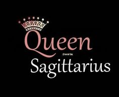 the queen sagittarius logo is shown in pink and white on black background