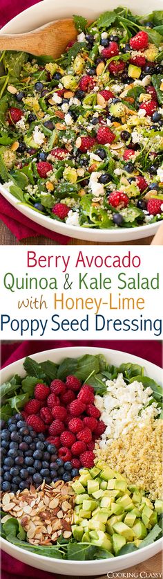 berry avocado quinoa and kale salad with honey - lime poppy seed dressing