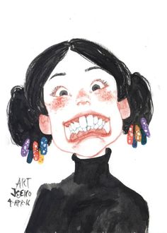 a drawing of a woman with black hair and earrings on her head, smiling at the camera