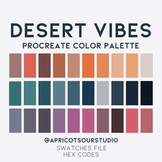 desert vibes procreate color palette with swatches and hex code on the bottom