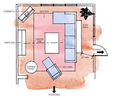 a drawing of a living room with furniture and floor plans on the wall above it