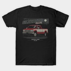 a black t - shirt with an image of a red and white truck on it