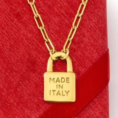 Ross-Simons - Italian Gold Over "Made in Italy" Lock Pendant Paper Clip Link Necklace. 18". From Italy, with love! This chic 18kt yellow gold over sterling silver necklace features a lock pendant engraved with the words "Made in Italy" on both sides. Suspends from an on-trend paper clip link chain. Priced to please and perfect for wearing with other strands for a fabulous layered look. Lobster clasp, 18kt gold over sterling lock pendant paper clip link necklace. Italy Necklace, Lock Pendant, Link Necklace, Sterling Silver Necklace, Paper Clip, Free Jewelry, Link Chain, Sterling Silver Necklaces, Lobster Clasp