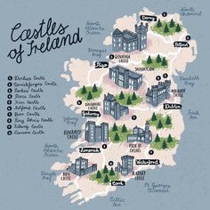 an illustrated map of castles of ireland with the names in english and some other languages