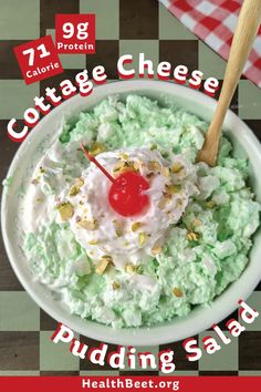 cottage cheese pudding salad in a white bowl with a cherry on top and text overlay