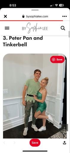 a man and woman posing for a photo in front of a wall with the caption 3 peter pan and tinkerbell