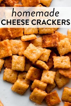 homemade cheesy crackers on a plate with text overlay that says homemade cheese crackers