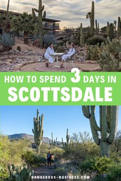 two people sitting at a table in front of cactus trees and the words how to spend 3 days in scottsdale