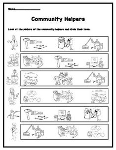 the worksheet for community helpers is shown in black and white, which includes pictures