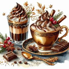 a painting of two cups of hot chocolate