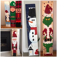 christmas decorations made out of wooden boards and painted with santa's helpers, snowmen