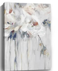 an abstract painting with white flowers