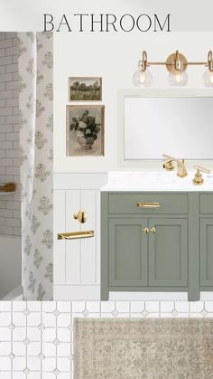 the bathroom is decorated in shades of gray and white, with gold accents on the fixtures