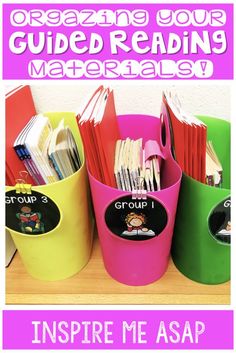 some colorful bins with books in them and the words organize your guided reading materials