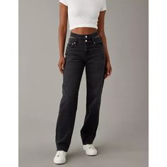 American Eagle Ae Stretch Super High Waisted Baggy Straight Cut-Out Jean In Black Marl Distressed Women's Size 14 Brand New With Tags Note: Hardware On Jeans Are Black (Not Silver As Model Image Depicts) Measurements Are Approximate: Waist: 36" Rise: 13.5" Inseam: 31" A Loose, Straight Leg With Extra Length To Stack At The Ankle, In A Super High Rise With Cut-Out Details. Stretch Mid-Weight Denim With Just Enough Stretch For Everyday Comfort Holds Its Shape & Won't Bag Out. Ever. Black Wash Wais Black Mom Jeans American Eagle, American Eagle Black Pants, American Eagle Mom Jeans Black, Cut Out Jeans, Tomgirl Jeans, American Eagle Mom Jeans, Boho Jeans, Distressed Mom Jeans, Straight Cut Jeans