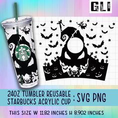 the starbucks tumbler reusable svg png has bats and pumpkins on it