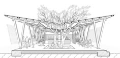 a black and white drawing of a tree in the middle of a building with people standing around