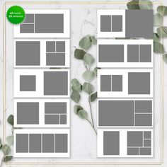 the page layouts are arranged on top of each other, with eucalyptus leaves in front