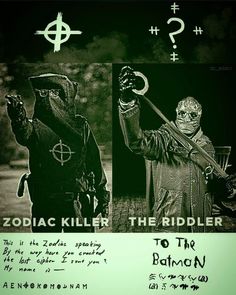 the poster for zodiac killer and the riddler to the batman is shown in black and white